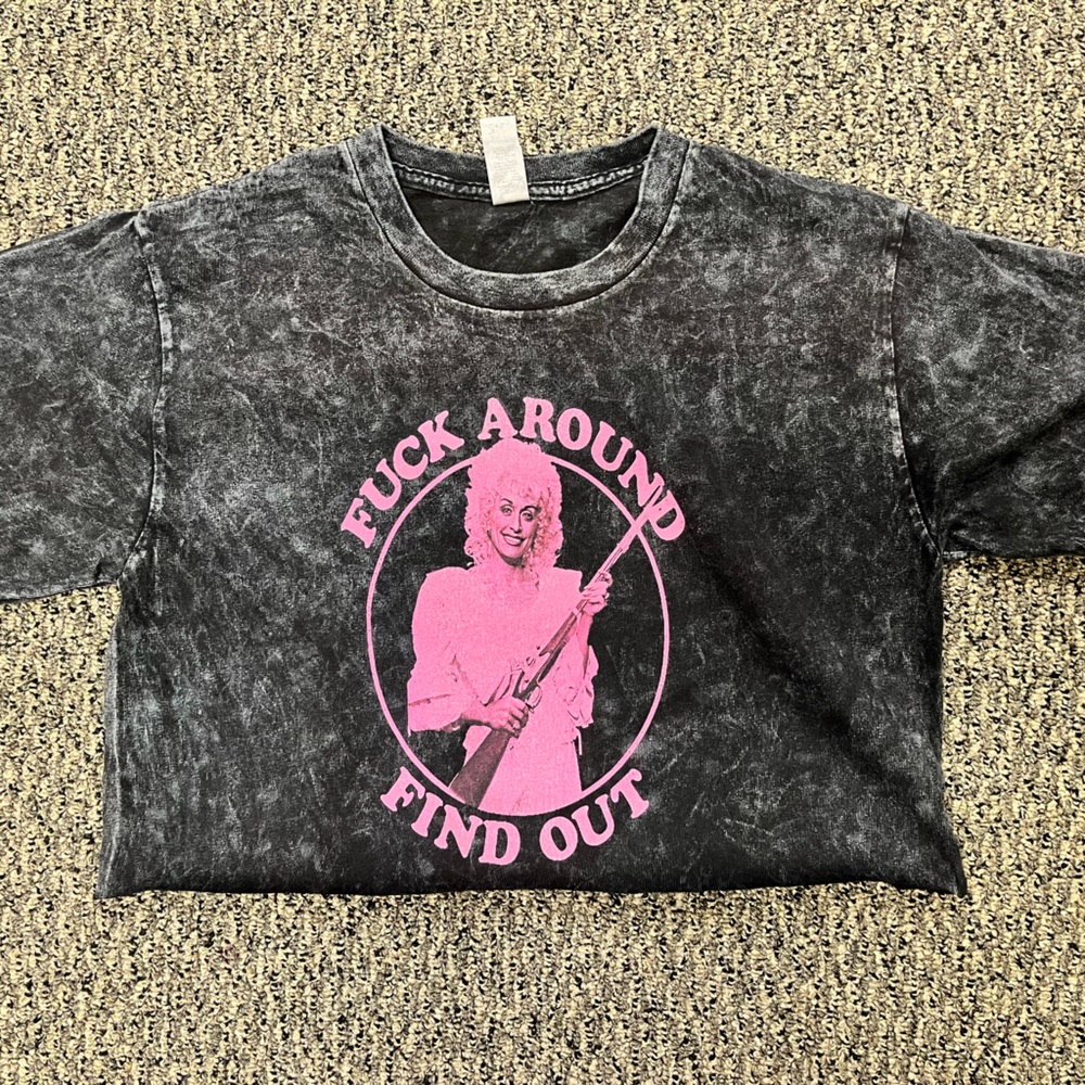 Vintage F  around find out Dolly Parton pink letters crop top